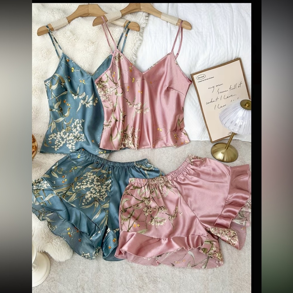 2 set Silky Floral Cami & Short Pajama Set — Pink & Teal